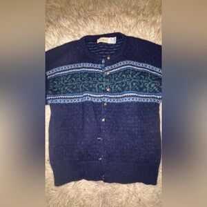L.L. Bean Navy and Teal Patterned Button Cardigan